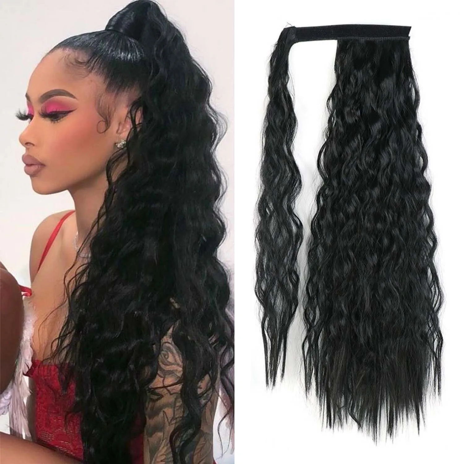 

Synthetic Corn Wave Ponytail Extension Clip in 22 Inch Long Wavy Curly Wrap Around Pony Tail Heat Resistant Hairpiece for Women