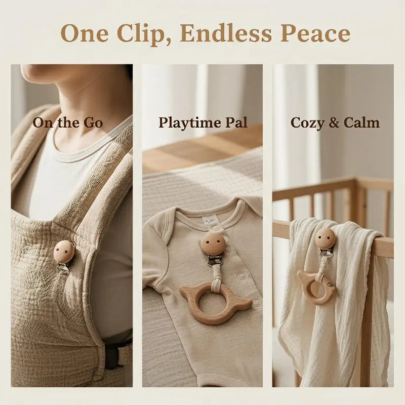 Natural Beech Wood Pacifier Clips Cute Engraved Fruit Patterns Sturdy Gripping Clasps BPA Free for Baby Teething Toy Holder