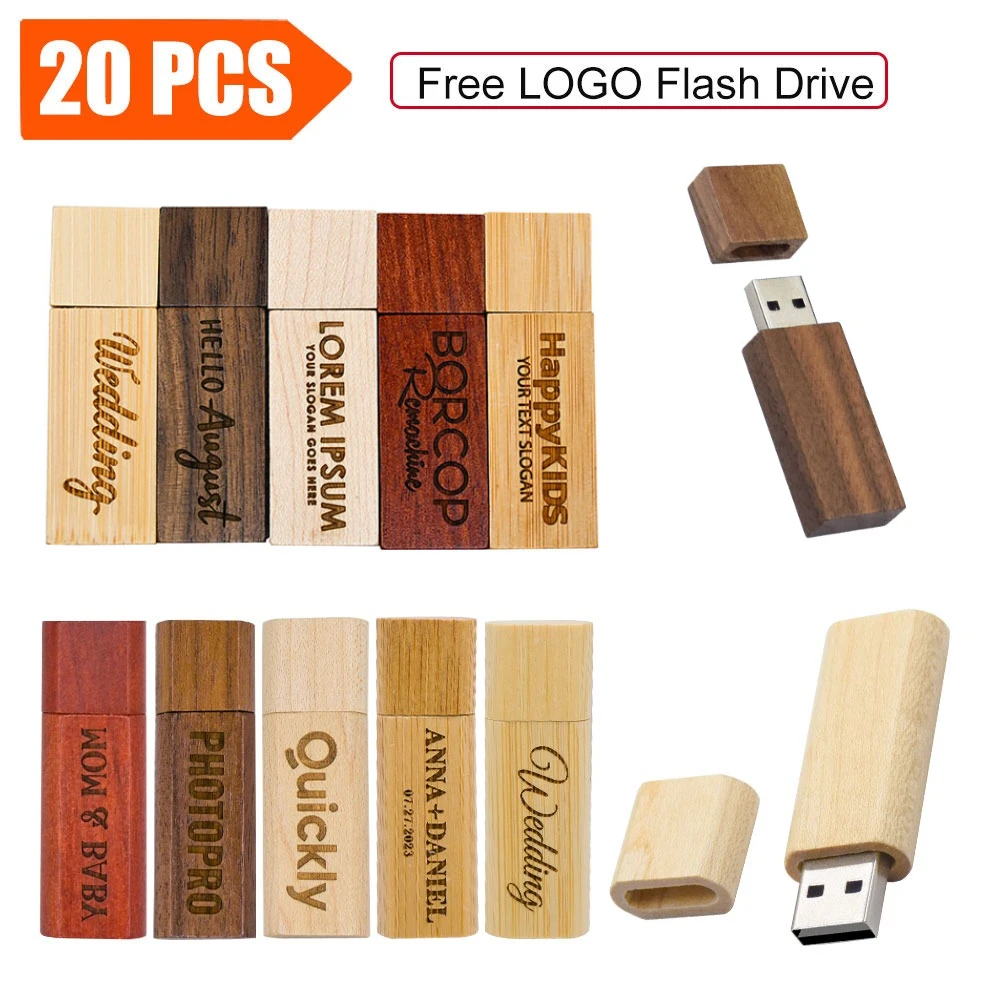 20pcs/Lot Wooden USB Flash Drive 2.0 Pendrive 4GB 8GB 16GB 32GB 64GB 128GB Memory Stick Free Customized logo Wedding gift