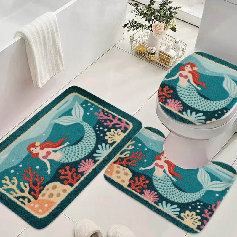 3 stücke seestern meerjungfrau badezimmer bodenmatte haushalt wc deckel matte U-förmigen saugfähigen teppich badezimmer tür matte anti-rutsch-matte