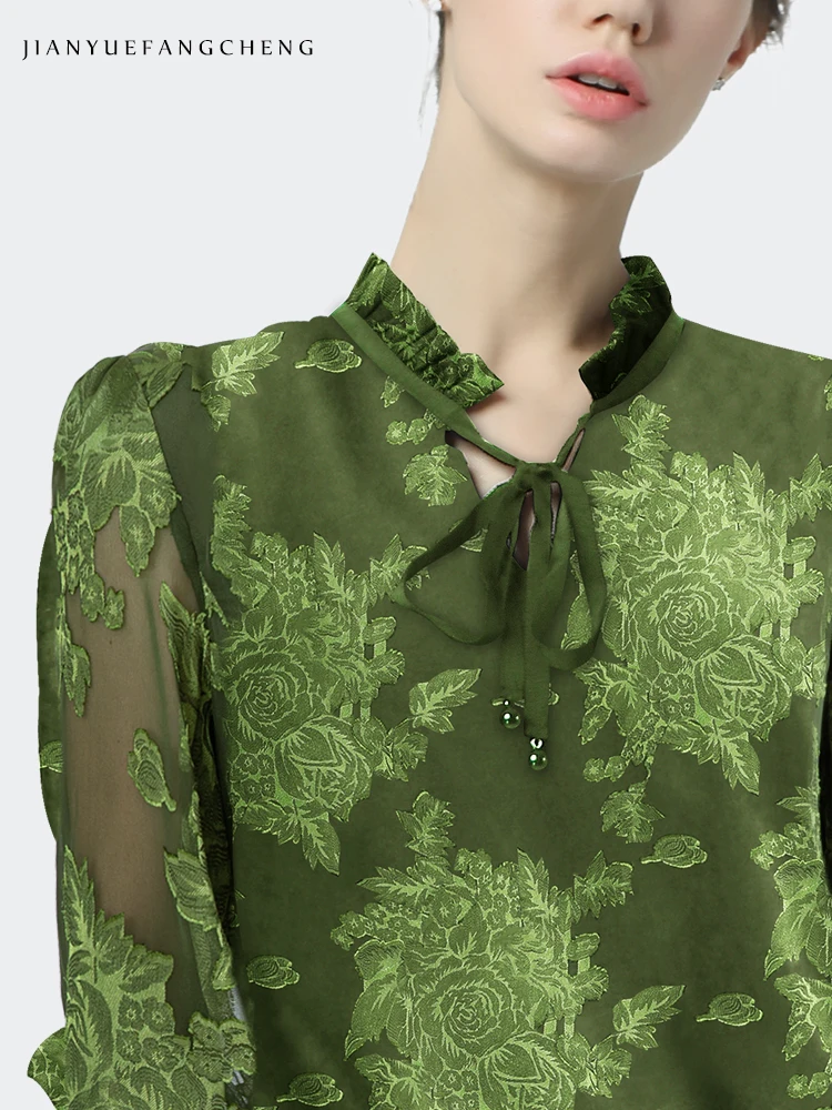 Womens Casual Embossed Floral Green Chiffon Top 2024 Spring Summer Loose-fitting Ruffled Neck Lightweight See through Blouses