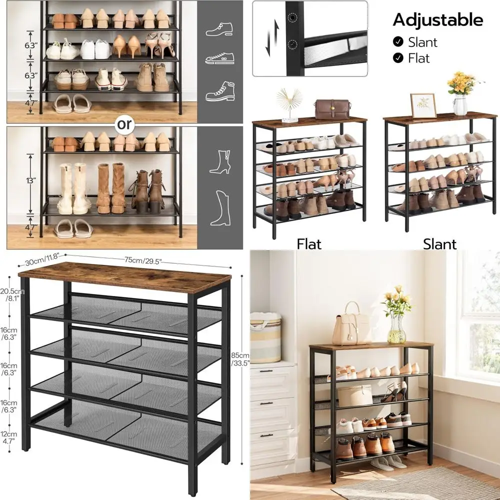 

5-Tier Adjustable Shoe Rack, Holds 16 Pairs, Durable and Stable, Suitable for Entryway, Hallway, Closet, Dorm, Rustic Brown