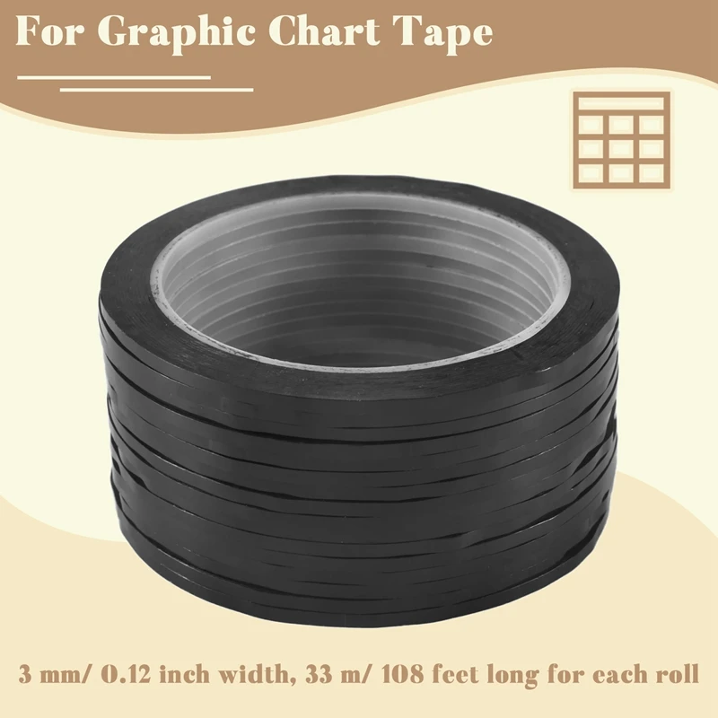 ABXH 16 Pak 3Mm 1/8 Inci Lebar Pita Grafis Pita Papan Tulis Pita Garis Bagan Perekat Diri Pita Penanda Kisi Seni A