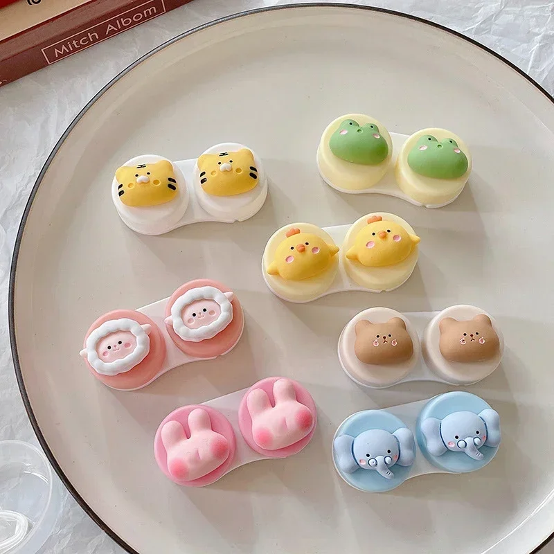 Travel Women Contact Lense Kit Holder Container Cute Cartoon Animal Style Contact Lens Case with Tweezers Suction Stick