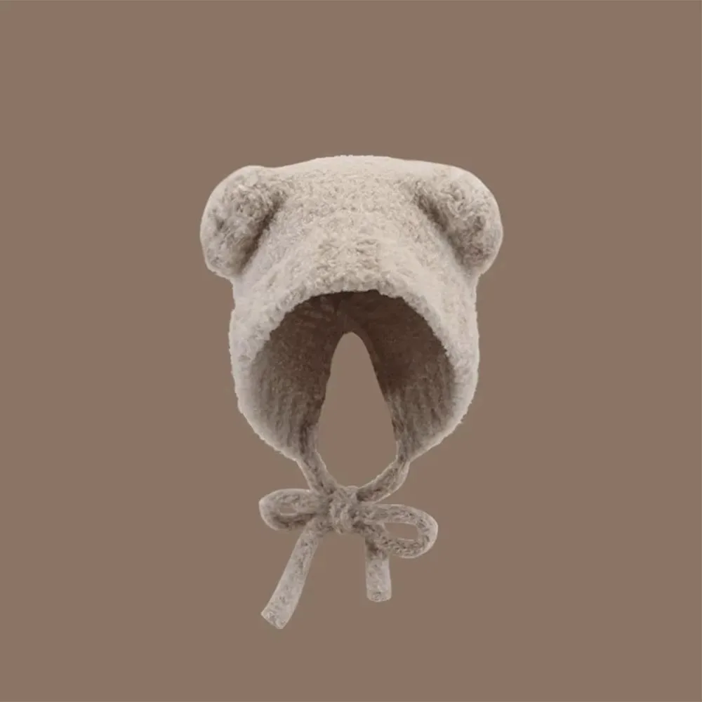 

Cute Y2k Bear Ear Wool Hat Ear Protection Warm Knitted Bomber Cap Lace up With Rope Beanies Cap