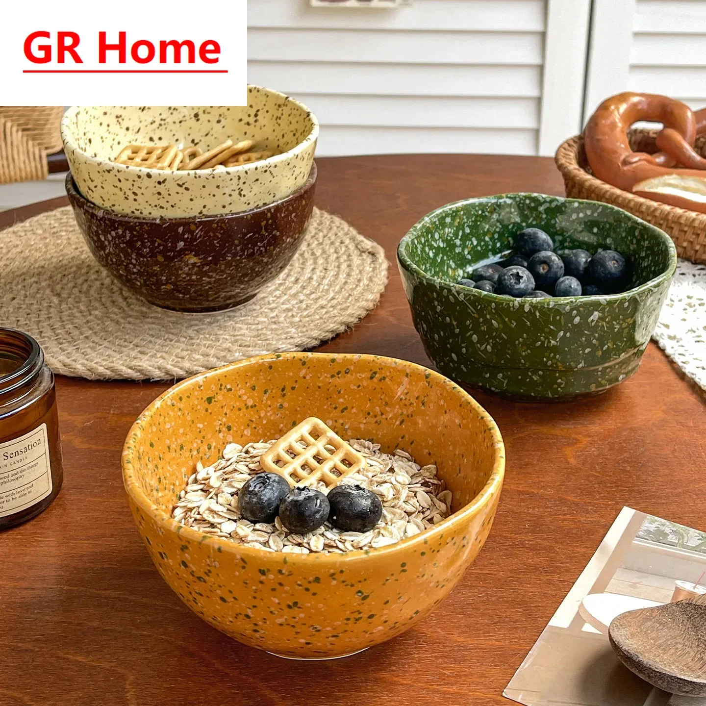 Korean ins-style splatter ceramic bowls, retro large bowls for fruits, yogurt, cereal, breakfast rice and desserts, set of bowls