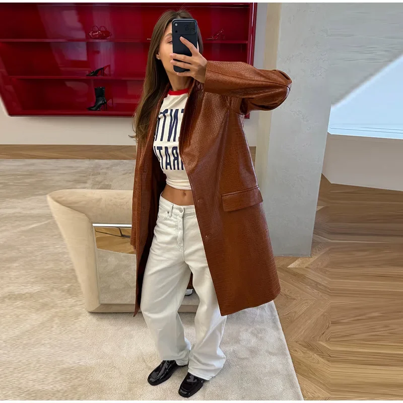 Fashion Loose Solid Pu Leather Coat Women Full Sleeve Lapel Single Breasted Long Coats Female 2026 Autumn Winter Outwear Lady