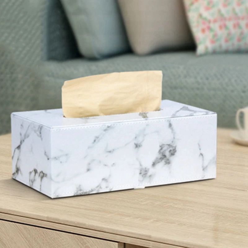 2X Rectangular Marble PU Leather Facial Tissue Box Cover Napkin Holder Paper Towel Dispenser Container