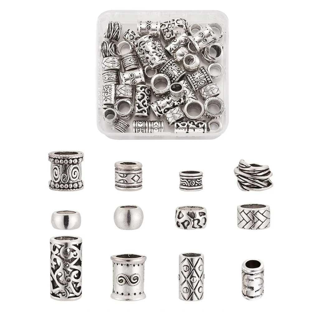 

60Pcs Tibetan Style Alloy Beads Large Hole Tube Spacers Mixed Shapes Bangle Bracelet Findings DIY Jewelry Making Supplies