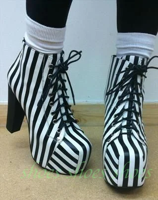 Black White Gladiator Stripe Platform Ankle Boots Lace-Up Chunky Heel High Heel Gothic Punk Women Party Ankle Booties Size 34-46