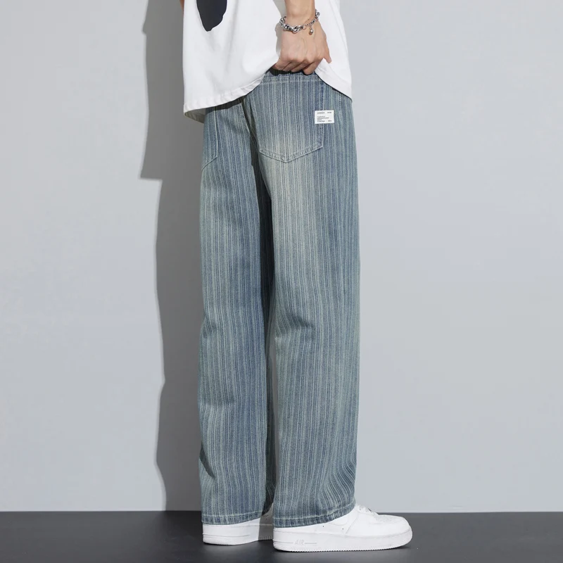 الرجعية MenLoose صالح مستقيم الساق الجينز السراويل الربيع/Summe خمر الشارع الشهير نمط متعدد الوظائف عادية مخطط سراويل جينز