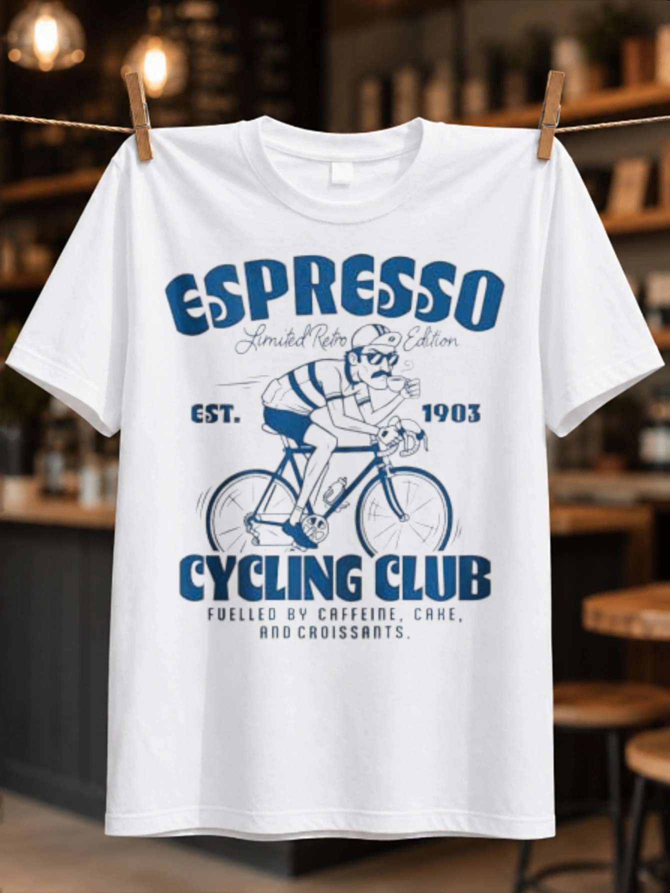 Espresso Cycling Club vintage cyclist sipping coffee with 1903 text and blue retro cafe race  Unisex All T-Shirt