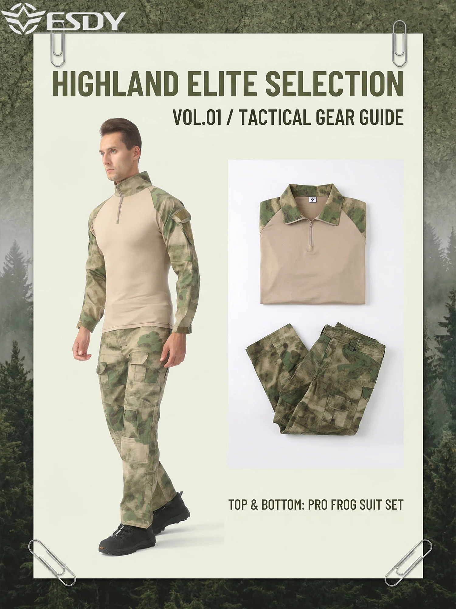 Esdy Tactical Camouflage Suit Long Sleeve+Long Pants Men's Combat Uniform Top and Pants Set Hunting Gear Quick-Dry Durable Work Uniform