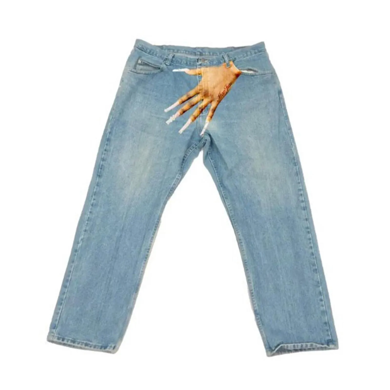 

2025 Streetwear Jeans Y2K Gothic Hip Hop Finger Graphic Print Retro Blue Baggy Jeans Men Fashion High Waisted Wide Leg Trousers
