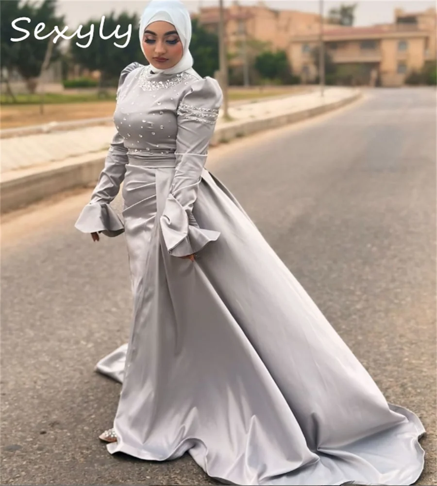 화려한 실버 무슬림 이브닝 드레스, 오버 스커트 기차, 이슬람, 중동, 아랍 인어 무도회 원피스, 크리스탈 맞춤형