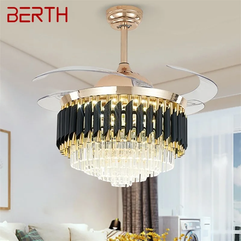 

BERTH New Ceiling Fan Light Invisible Luxury Crystal LED Lamp With Remote Control Modern For Home