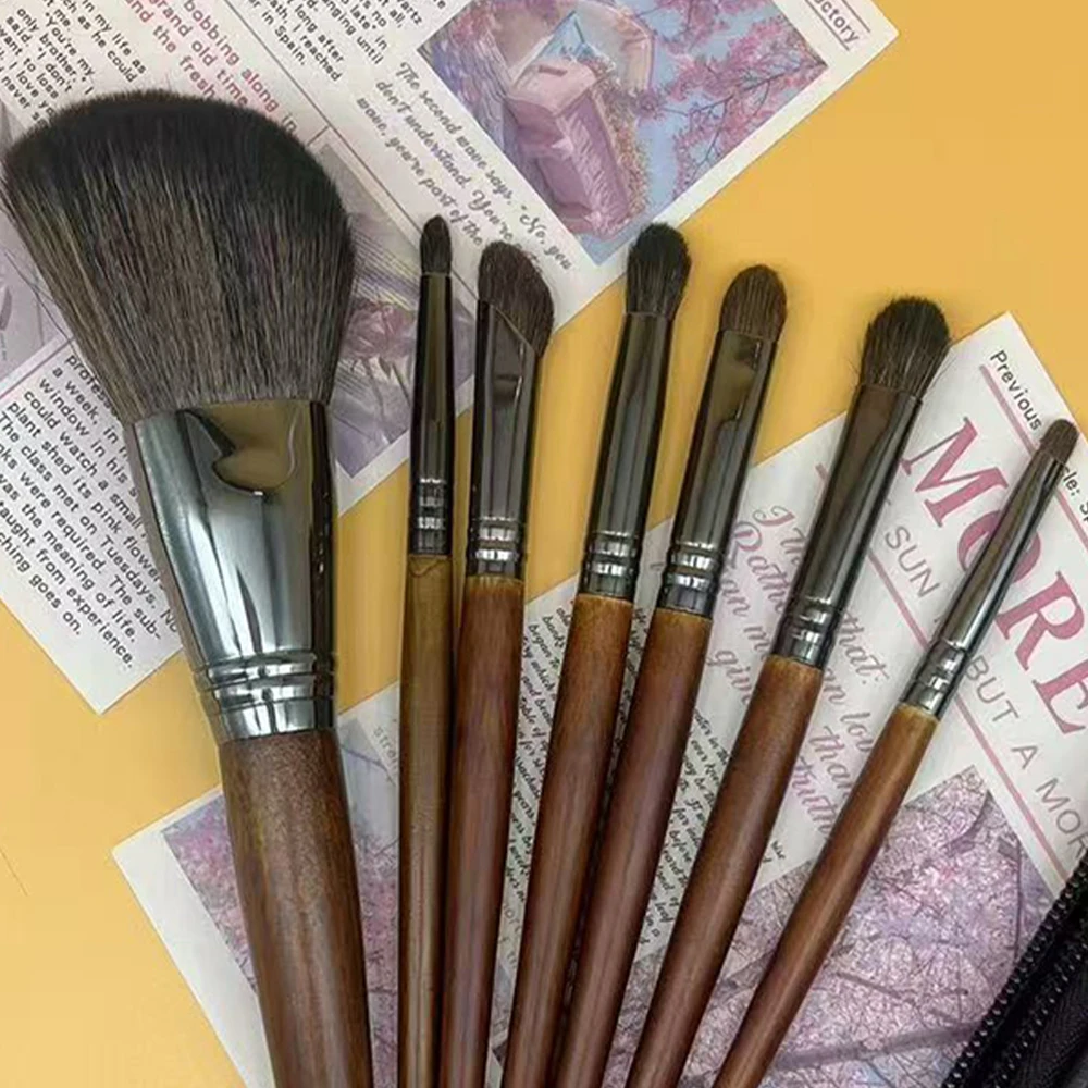 Wooden Handle Makeup Brush Set for Eye, 7 Pcs Assorted Different Shapes Brushes Natural Animal Hair Bristles Metal Shaft