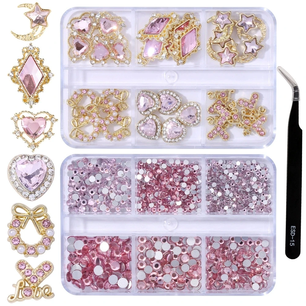 

Double 6 Grids Crystal Nail Pile Diamond Luxury Heart Square Nail Art Rhinestones Gems Sparkle Glass Nail Alloy DIY Charms