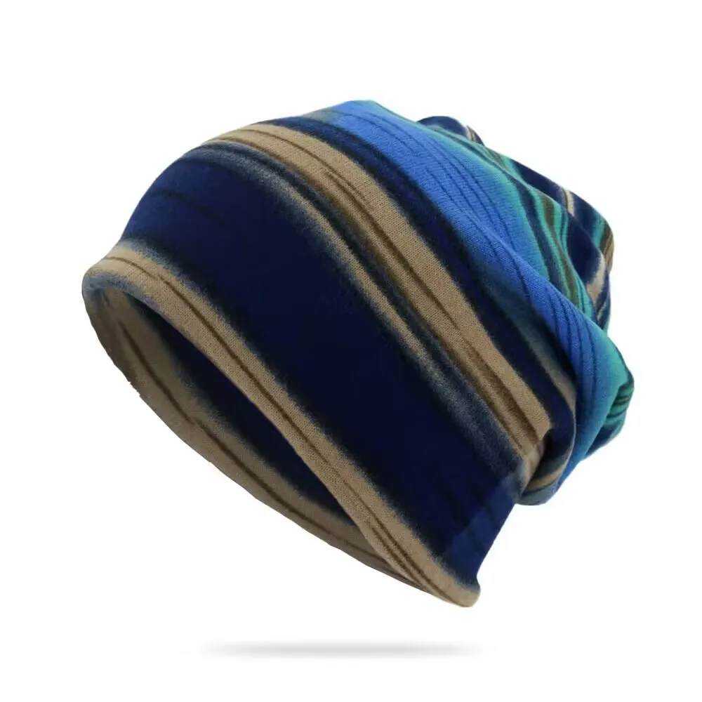 Color blocked striped pullover hat, multifunctional head protector, scarf, hair tie, headband hat, women's pile hat