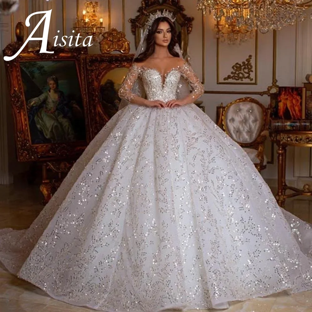 Gorgeous Bride Dress With Sweetheart Sqeuins Long Sleeves Embroidery A-Line Tulle Floor-Length Ball Gown Wedding Dress For Women