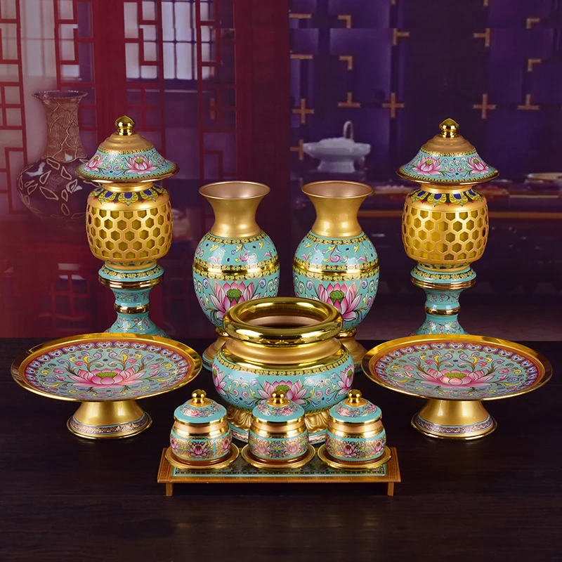 A SET high grade Buddhist utensil HOME Temple shrine enshrine worship wealth buddha God lamp Incense Holy water cup trays