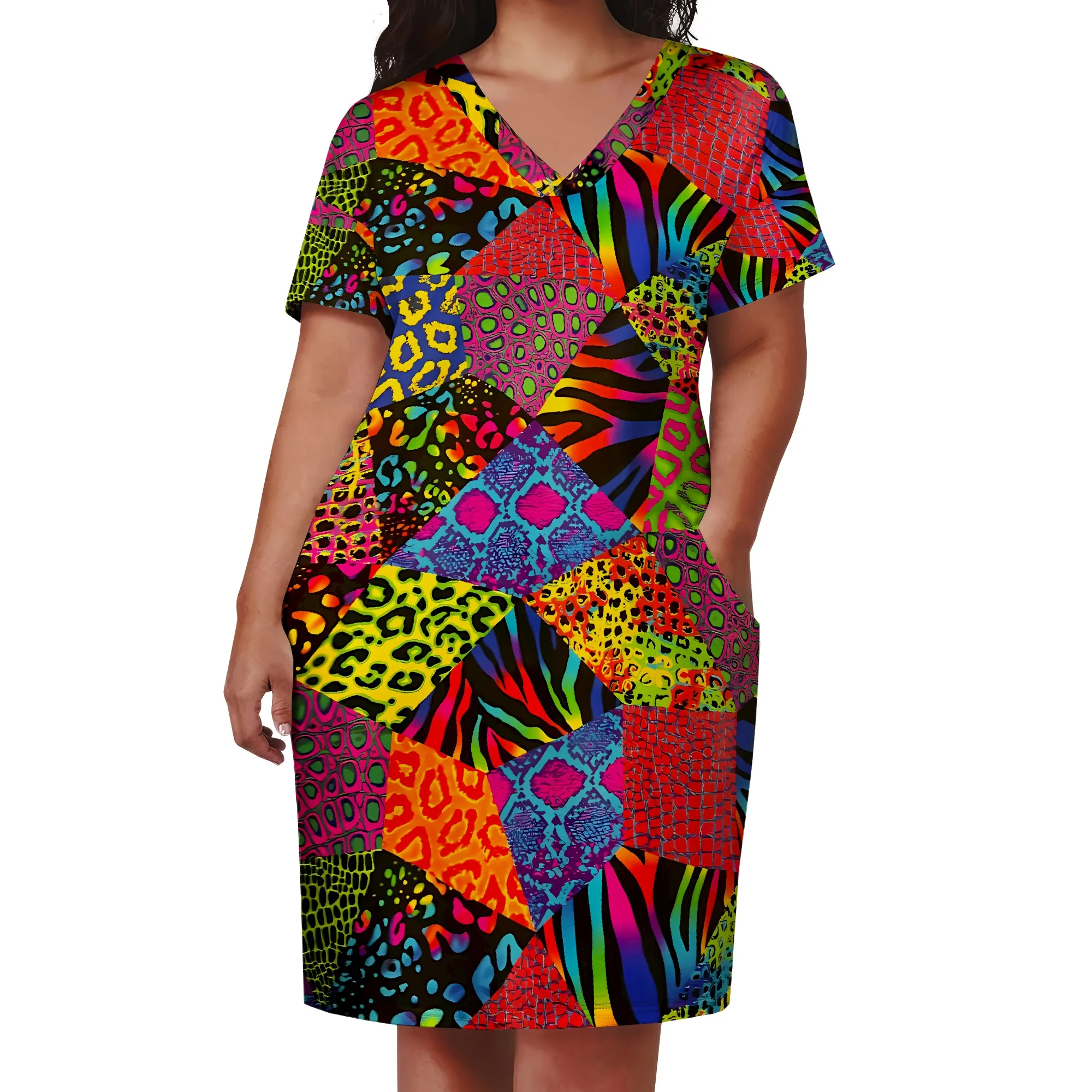Robe mi-longue ample à col en v pour femmes, grande taille, Patchwork coloré, imprimé léopard, imprimé Floral, décontractée, manches courtes, avec poches, été