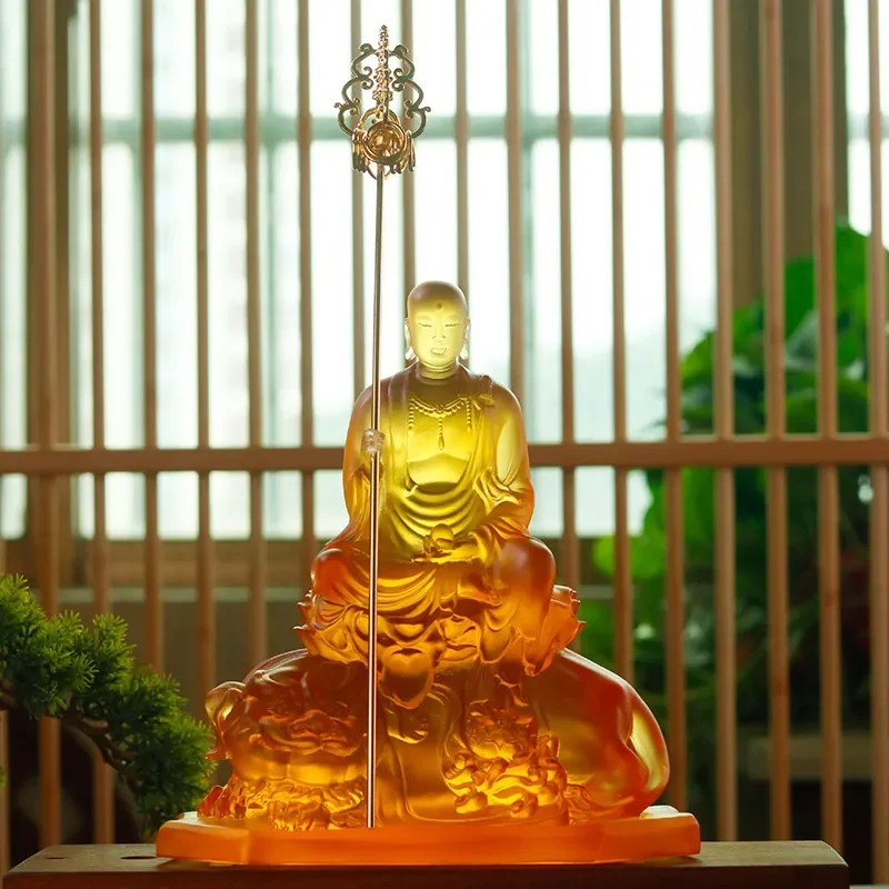 Glazed Ksitigarbha Bodhisattva Statue Ancient Style Buddhist Figure Home Decor Living Room Ornament Religious Art Craft Gift