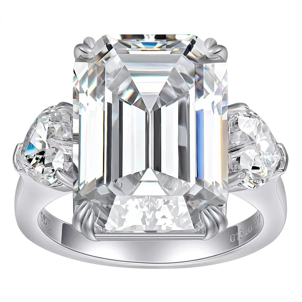 Karachis 100% 925 Sterling Silver 12CT Emerald Cut Simulated Moissanite Gemstone Wedding Ring Engagement Fine Jewelry