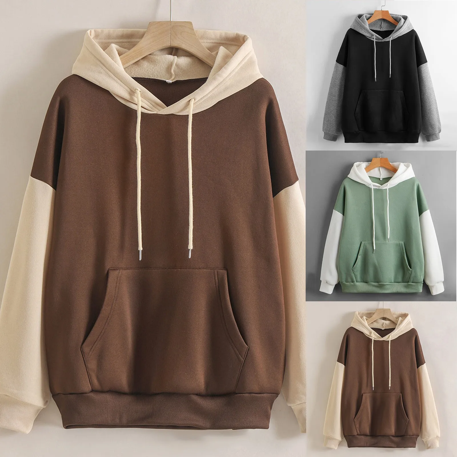 Sweat à capuche à manches longues pour femmes, sweats à capuche patchwork, vêtements streetwear, chemisier décontracté à bretelles, épissure, automne, hiver