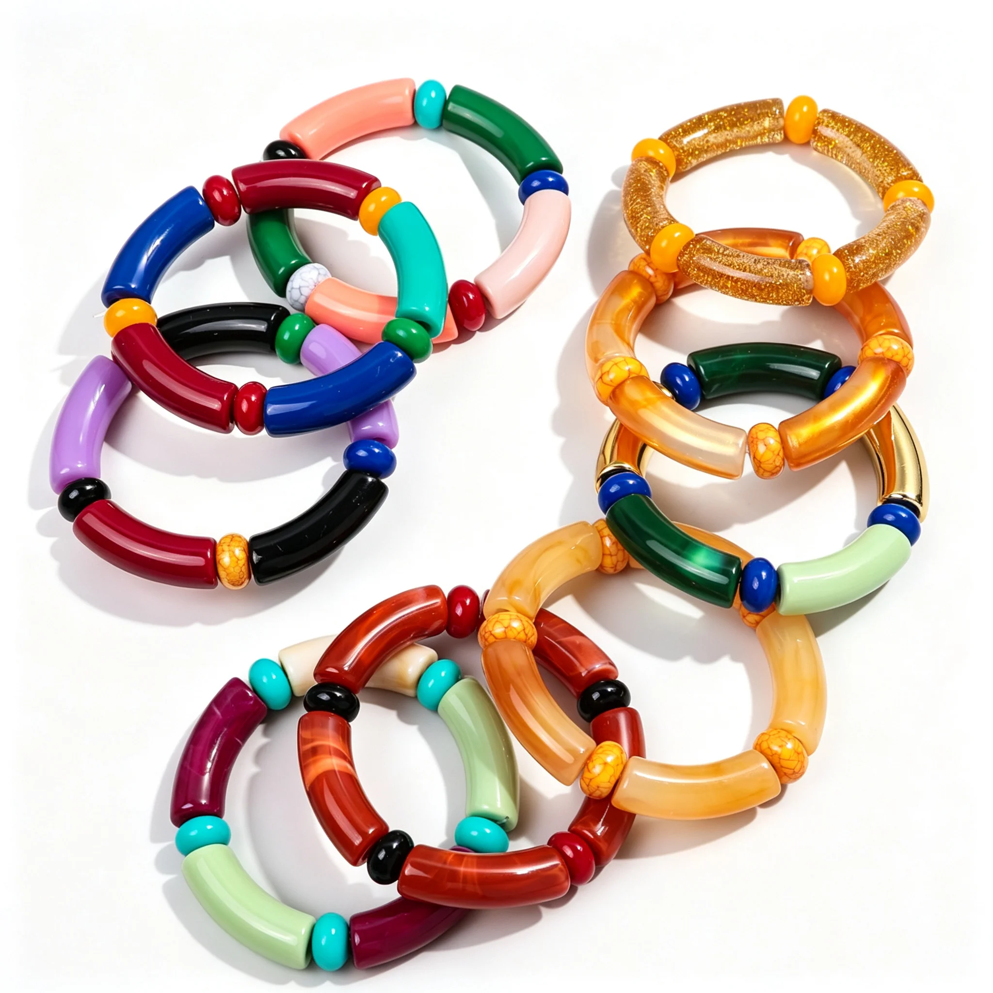 Trendige bunte Acryl-Röhrchenperlen-Armbänder, elastische Armbänder, neue dicke gebogene Bambusperlen-Stretch-Armbänder, modische Schmuckgeschenke