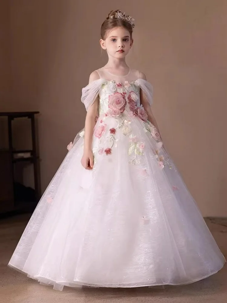 Custom Off Shoulder 3D Floral Embroidery Tulle Luxury Dress Women Wedding Guest Gown Girls Birthday Party Pageant Runway