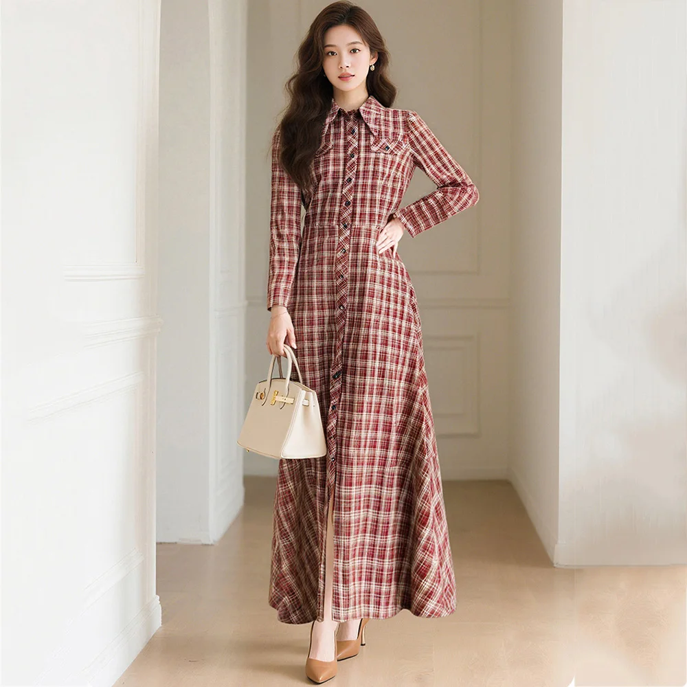 

New Women Spring Autumn Plaid Dress Fashion Turn-down Collar Single Breasted Slim Waist Long Dress Casual Simplicity Dress