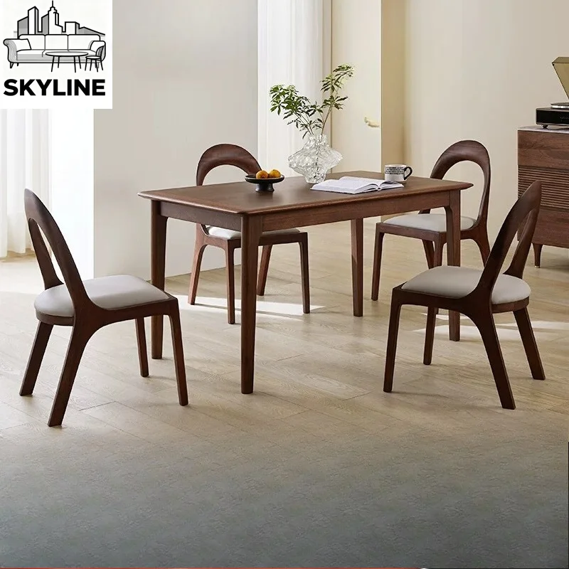 Compact Medieval Solid Wood Walnut Dining Combo, Rectangular Table Chairs for Household & Tiny Restaurant Space