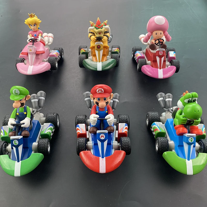 6PCS/set Super Mario Pull Back Car Green Yoshi Bowser Luigi Toad Action Figure Toys Anime Game Doll Kids Gifts