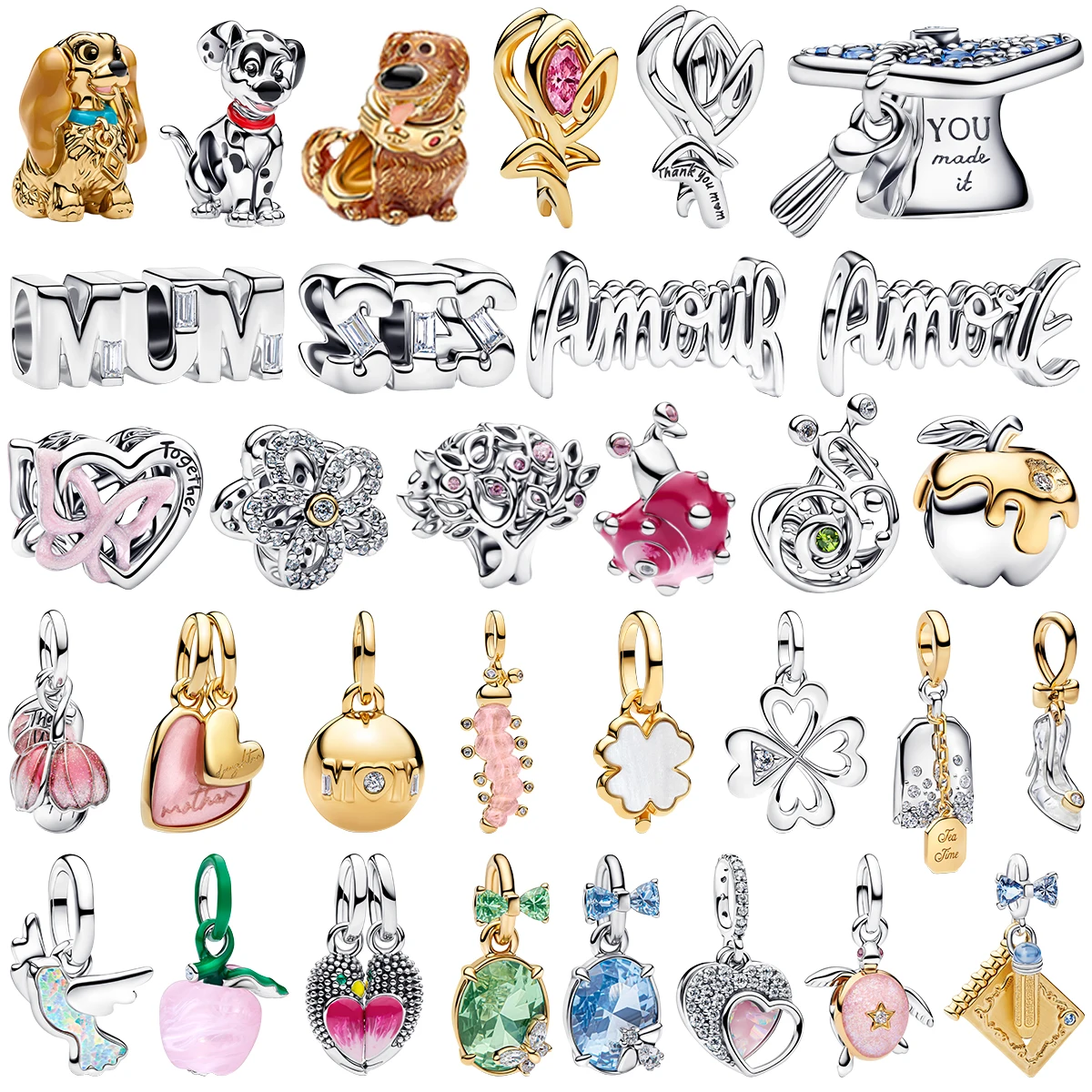 

Новые украшения: браслеты и декор из серебра S925 с позолотой, с подвесками в виде собак, цветов, розовых улиток, тюльпанов, голубятен, гусениц, клевера, яблок, а также бусины-улитки.