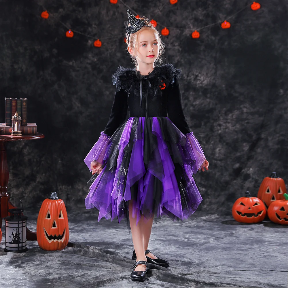 Dideyttawl Baby Girls Halloween Witch Costume Tiered Children Cosplay Dresses Kids Dress Up Clothes Tea Length Customized