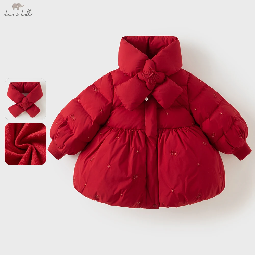 Dave Bella Girls Mid-long Embroidery White Duck Down Jacket Children Winter Warm Coats Waterproof Outwear Clothes DB4264651