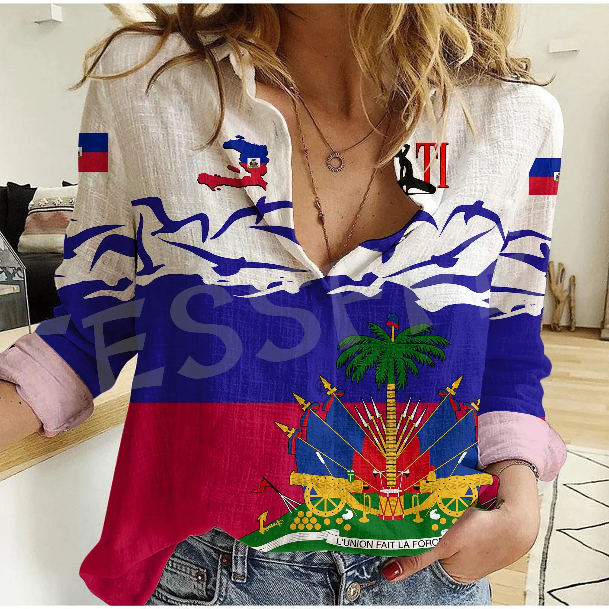 Camiseta de manga larga con estampado 3D para mujer, camisa informal con botones, Bandera de País, Mar caribeño, Haiti, Retro, Harajuku, nueva moda