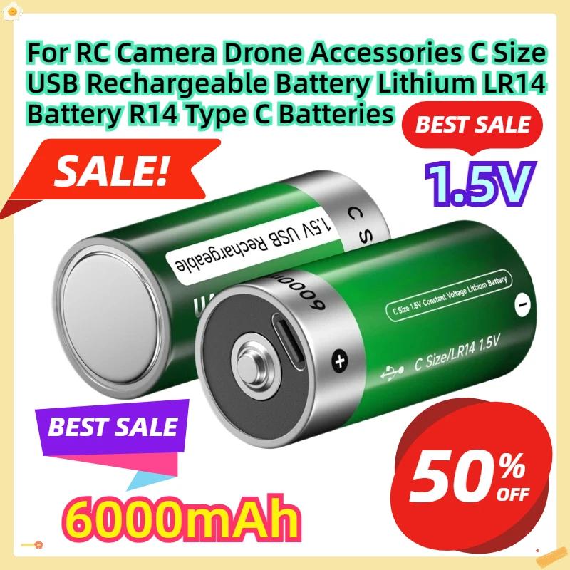 

For RC Camera Drone Accessories 1.5V C Size USB Rechargeable Battery Lithium LR14 Battery R14 Type C Batteries