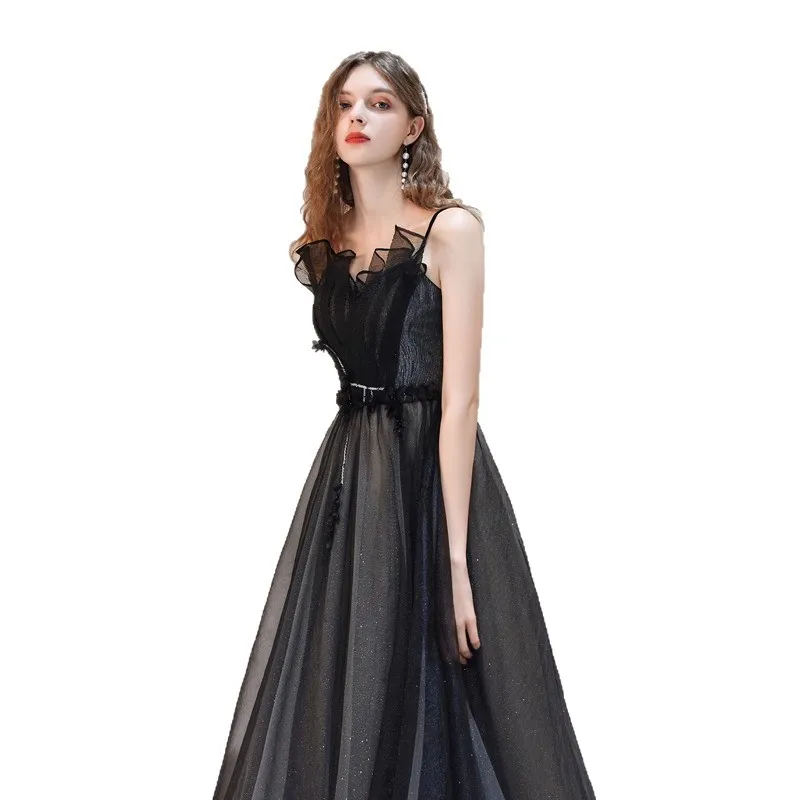 여성을위한 블랙 연회 이브닝 드레스 라이트 럭셔리 민소매 서스펜더 댄스 파티 드레스 우아한 아플리케 반짝 이는 생일 파티 드레스