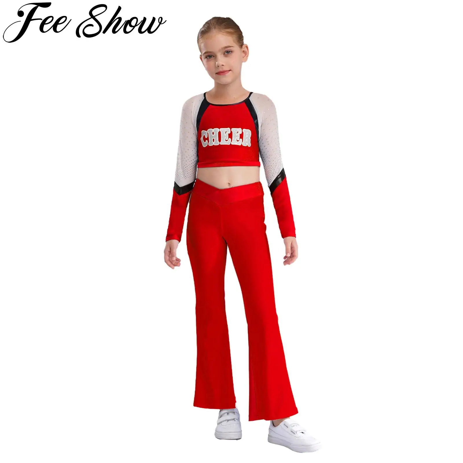 Kid Girls Cheerleading Uniform Cheerleader Dance Performance Costume Rhinestones Long Sleeves Letter Print Crop Top Flared Pants
