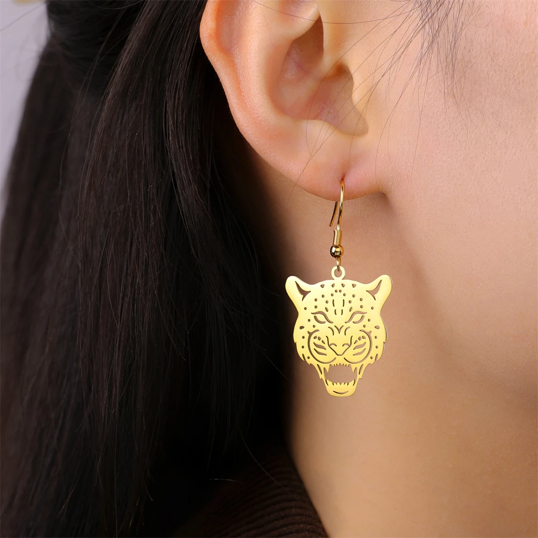 Eueavan Tier-Leoparden-Ohrhänger für Damen, Wildtier-Geparden-Hängeohrringe aus Edelstahl, Hip-Hop-Party-Schmuck, Geschenk – Detail 9