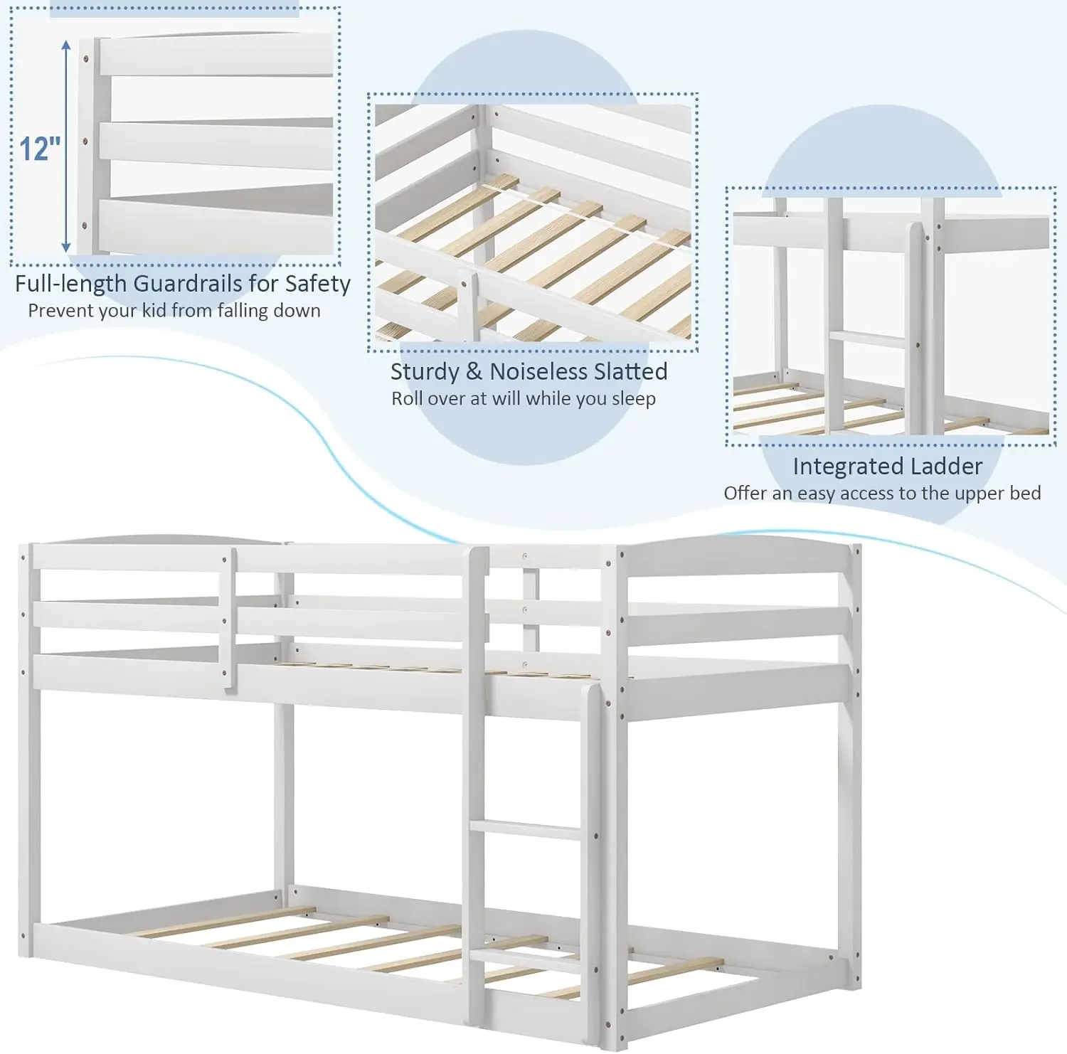 Tempat Tidur Susun Rendah Kembar, Rangka Tempat Tidur Susun Twin Over Twin Kayu Solid dengan Pagar Pembatas Penuh & Tangga Terintegrasi,