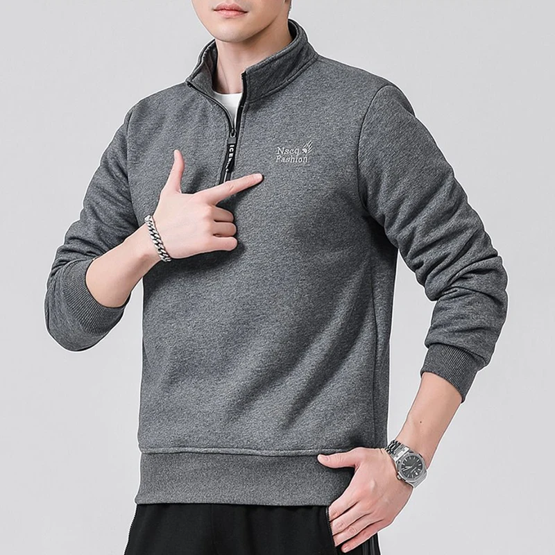 2024 Men's Fleece Sweatshirt Winter Lined Warm Pullover Outdoor Work Sweatshirt Pure Color Sweater Thicken Plus Hoodies Male