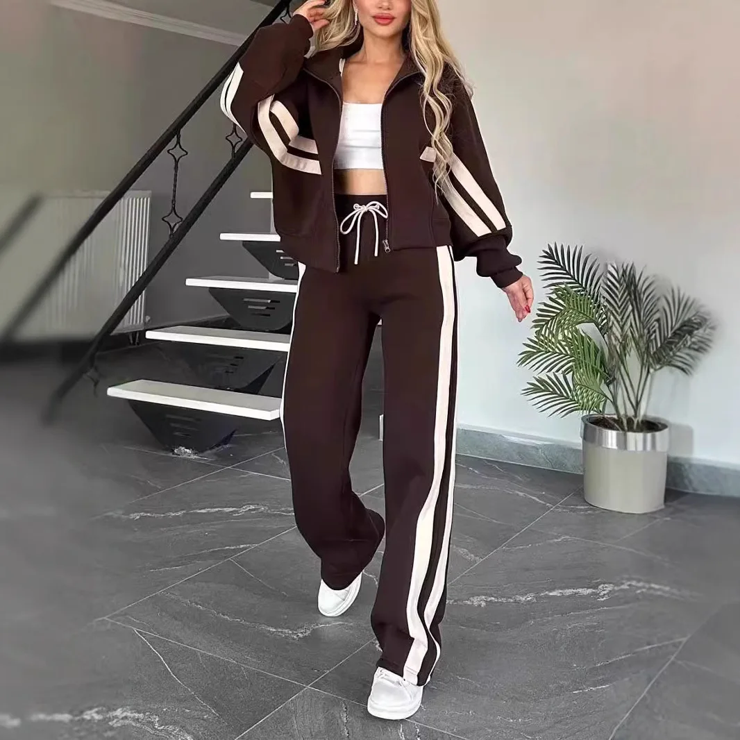 Women's Matching Two-Piece Sport Set Stand Collar Full Zip Cropped Top with Side Double Stripe Wide Leg Drawstring Waist Jogger