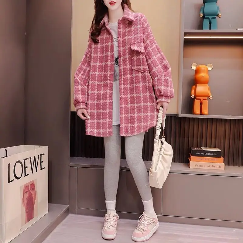 

Furred Plaid Shirt Jacket for Women New Autumn and Winter Loose Lazy Style Casual Design Long-sleeved Top XQ365