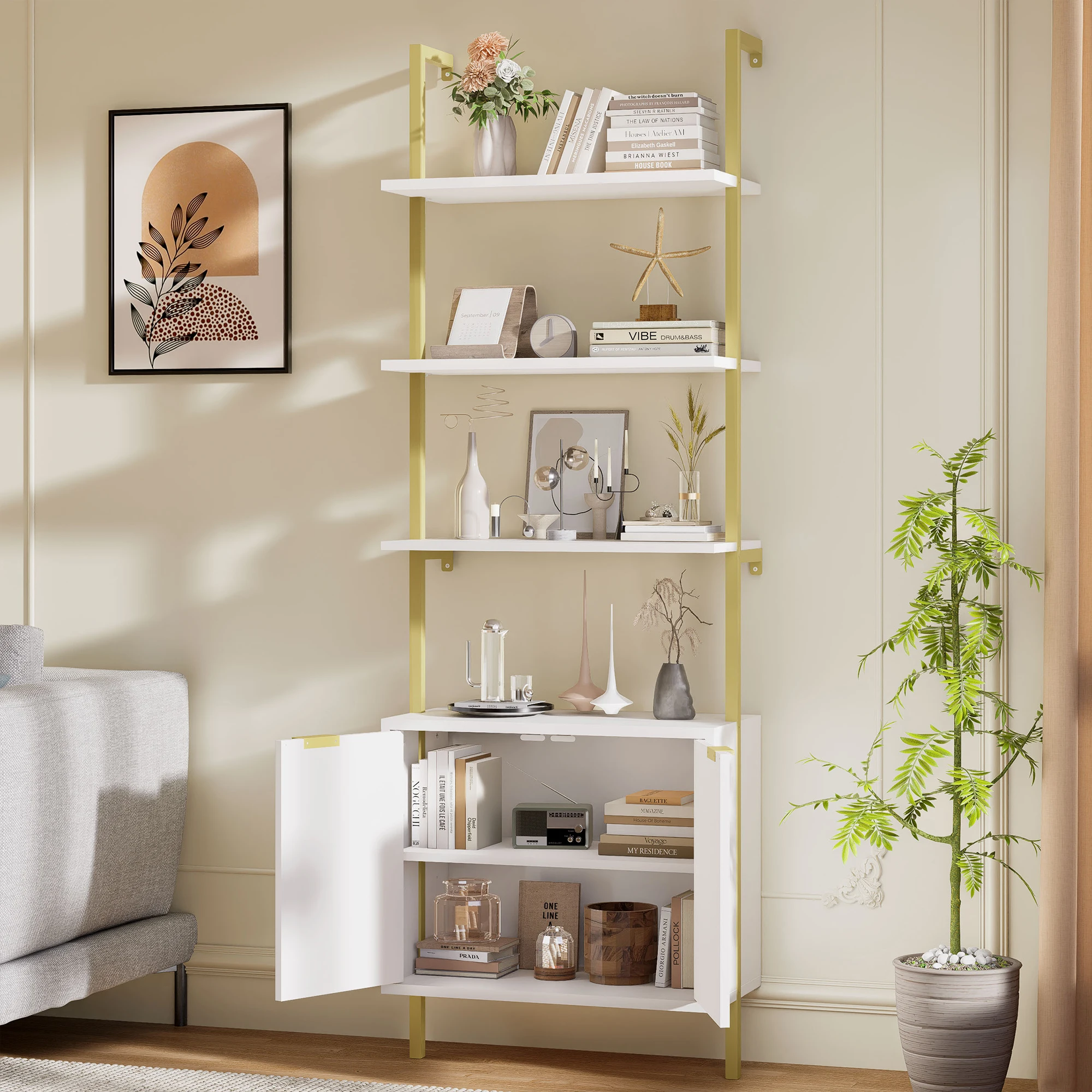 Ladder Bookshelf with Storage Cabinet 71'' Tall Wall Mount Bookcase with Metal Frame 5-Tier Display Rack for Living Room