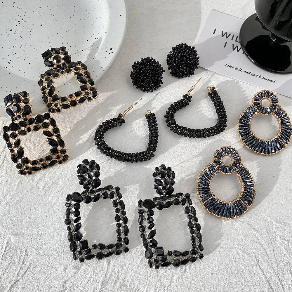 Lifefontier Vintage Black Full Rhinestone Geometric Drop Earrings For Women Exaggeration Square Heart Charms Earring Jewelry