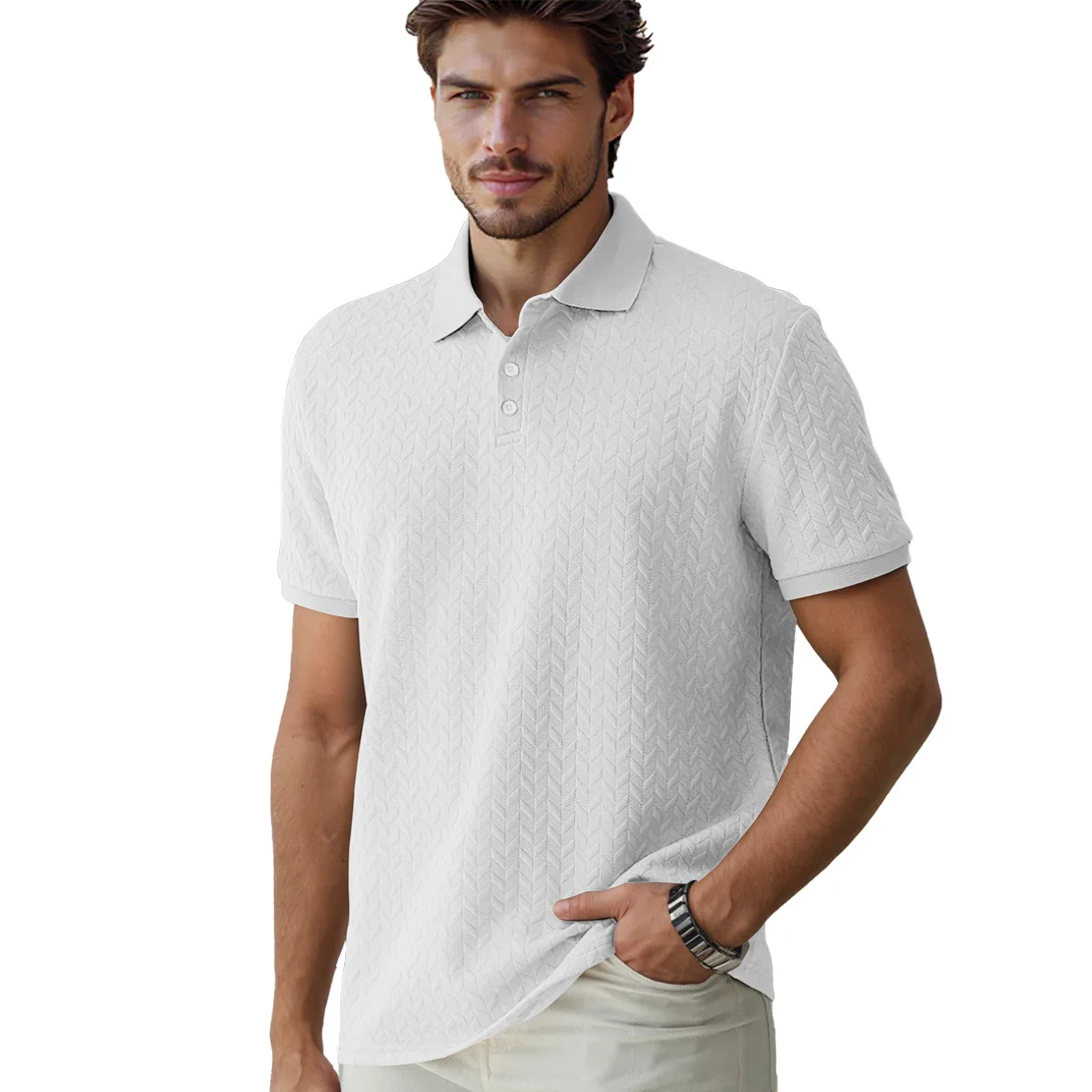 

Men Heavyweight Double-Faced Jacquard Polo Shirt Vintage Button Down Collar Top Business Casual Summer T-Shirt Daily Streetwear