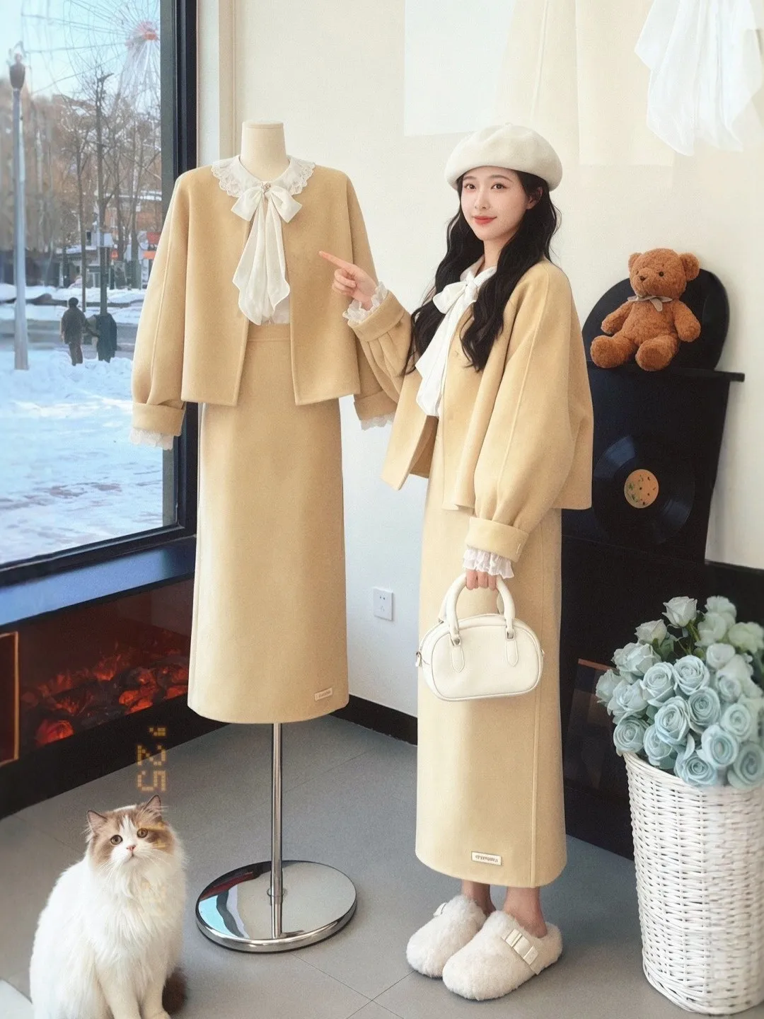 

Yellow Woolen Jaet And Skirt Set for plus Size Women Gentle Agel Tee Piece Women's Faion Set Warmth Comfortable Wint...